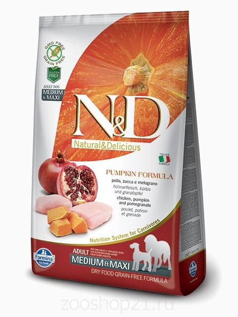 Корм Farmina N&D Pumpkin Chicken & Pomegranate Adult Medium/Maxi беззерновой для собак средних и крупных пород, курица с гранатом и тыквой, 12 кг
