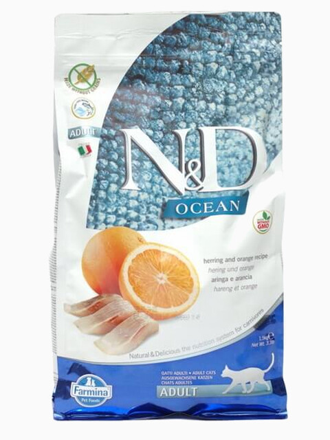 Корм Farmina N&D OCEAN Herring & Orange беззерновой для взрослых кошек, сельдь и апельсин, 5 кг