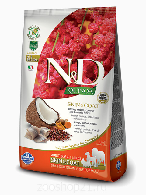Корм Farmina N&D Quinoa Skin & Coat Herring беззерновой для собак для кожи и шерсти киноа и сельдь, 800 г