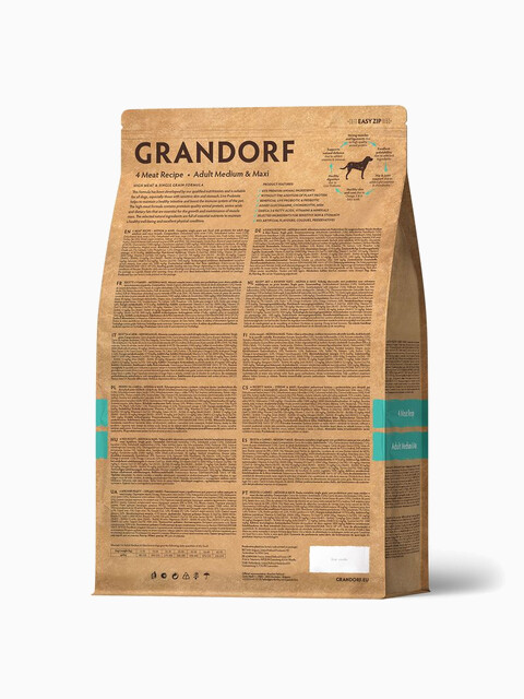 Корм Grandorf 4 Meat Recipe Adult Medium & Maxi для средних и крупных пород, четыре мяса с пробиотиками, 3 кг