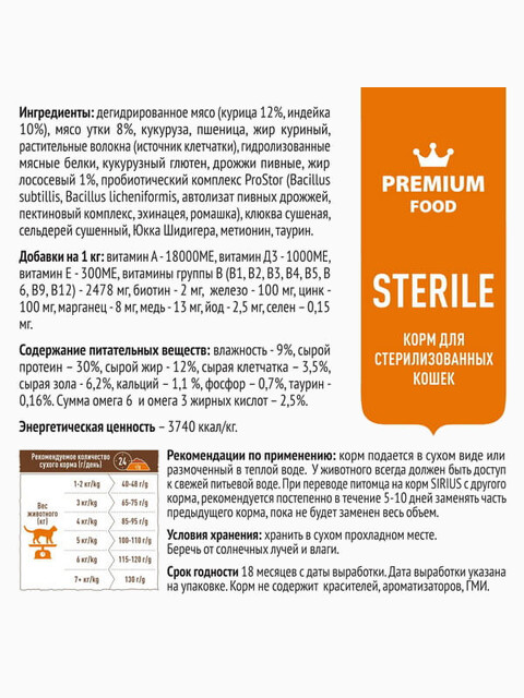 Корм SIRIUS для стерилизованных кошек, утка и клюква, 1,5 кг