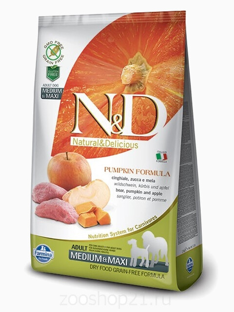 Корм Farmina N&D Pumpkin Boar & Apple Adult Medium/Maxi беззерновой для собак средних и крупных пород кабан с яблоком и тыквой, 12 кг