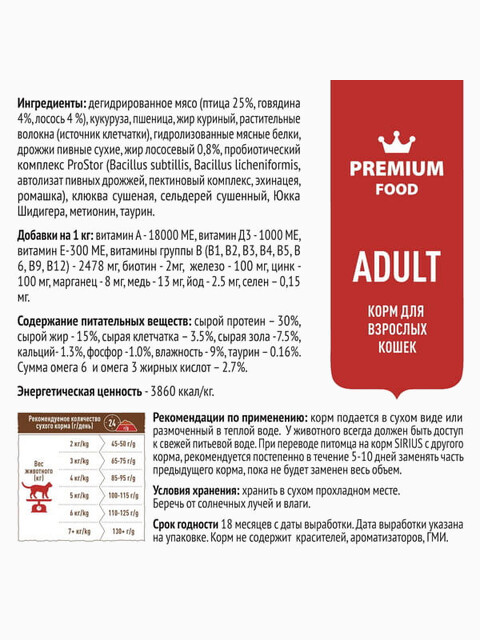 Корм SIRIUS для взрослых кошек мясной рацион, 1,5 кг
