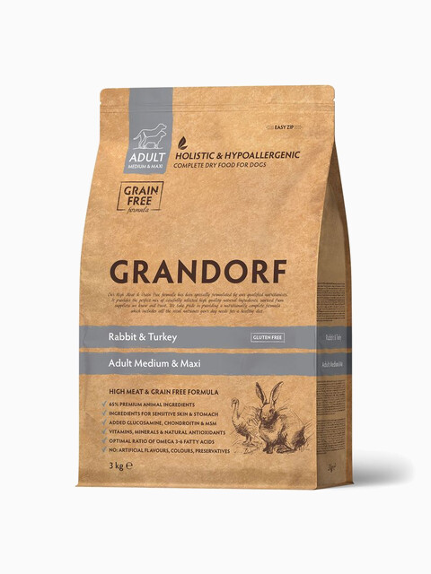 Корм Grandorf Rabbit & Turkey Adult Medium & Maxi для средних и крупных пород, кролик с индейкой, 3 кг