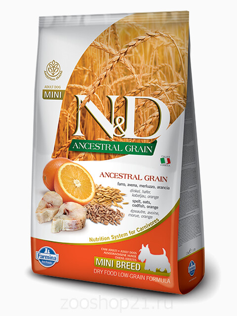 Корм Farmina N&D (Low Grain) Codfish & Orange Adult Mini для собак мелких пород с низким содержанием зерна треска с апельсином, 800 г