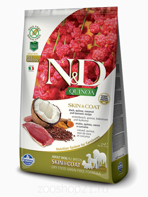 Корм Farmina N&D Quinoa Skin & Coat Duck беззерновой для собак для кожи и шерсти киноа и утка, 2.5 кг