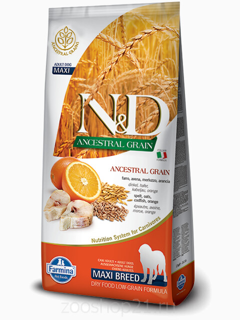 Корм Farmina N&D (Low Grain) Codfish & Orange Adult Maxi для собак крупных пород с низким содержанием зерна треска с апельсином, 12 кг