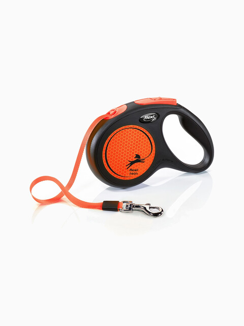 Поводок-рулетка FLEXI NEW NEON M лента для собак, до 25 кг черный/оранжевый 5 м