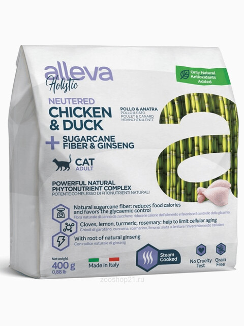Корм Alleva Holistic Cat Neutered Chicken & Duck для стерилизованных кошек курица/утка/волокна сахарного тростника и женьшень, 400 г
