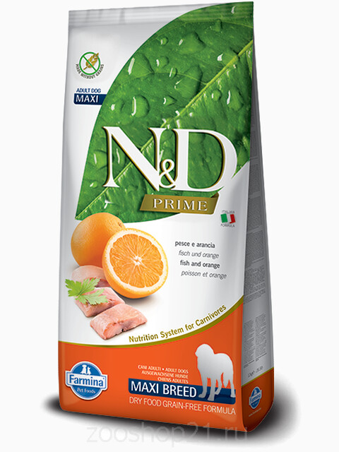 Корм Farmina N&D Fish & Orange Adult Maxi беззерновой для взрослых собак крупных пород рыба с апельсином, 12 кг