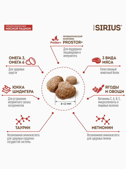 Корм SIRIUS для взрослых кошек мясной рацион, за 1 кг
