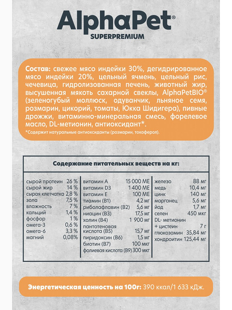 Корм AlphaPet Superpremium Monoprotein для собак малых пород, монобелковый, c индейкой, 1.5 кг
