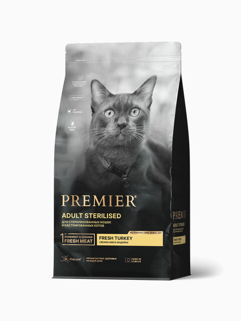 Корм Premier Sterilised Low Grain Turkey (низкозерновой) для стерилизованных кошек, с индейкой, 2 кг