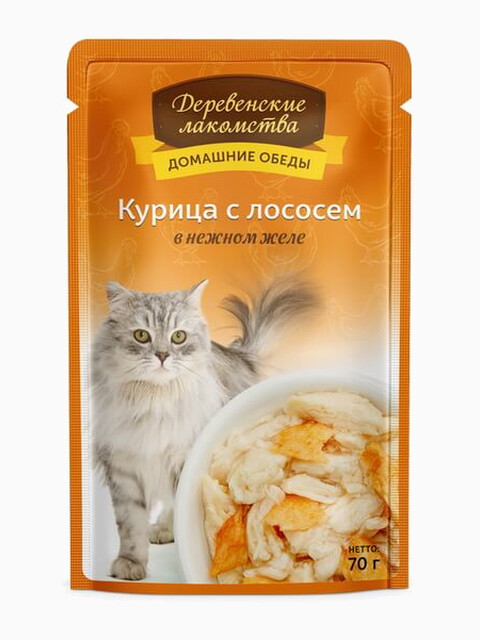 Корм Деревенские лакомства "Курица с лососем в нежном желе" для кошек, 70 г