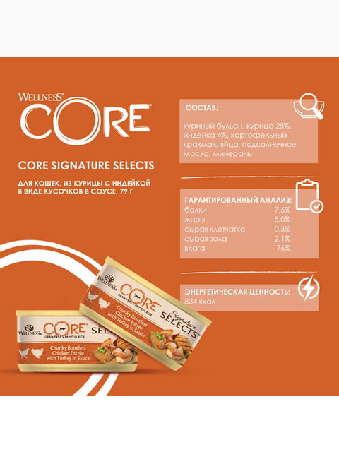 Корм Wellness CORE SIGNATURE SELECTS для кошек, курица с индейкой в виде кусочков в соусе, 79 г