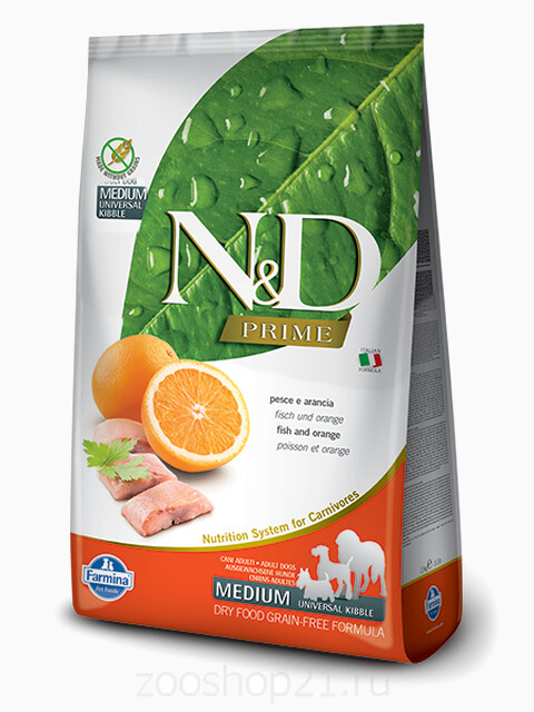 Корм Farmina N&D Fish & Orange Adult беззерновой для взрослых собак всех пород рыба с апельсином, 12 кг