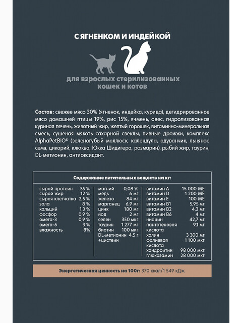 Корм AlphaPet Superpremium для стерилизованных кошек, с ягнёнком и индейкой, 1.5 кг