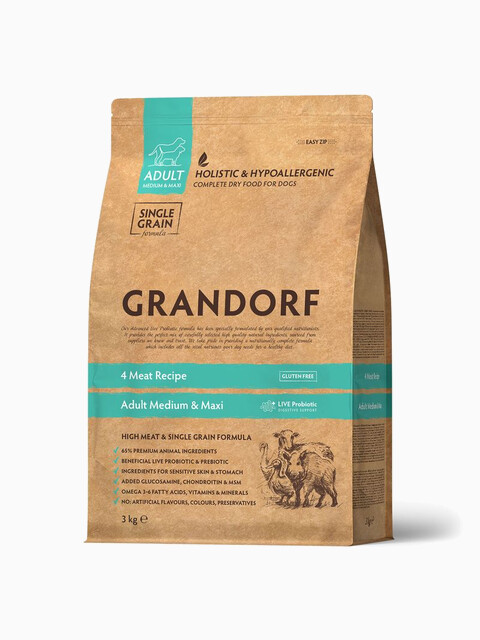 Корм Grandorf 4 Meat Recipe Adult Medium & Maxi для средних и крупных пород, четыре мяса с пробиотиками, 3 кг