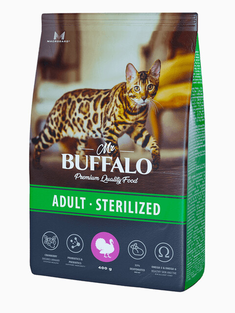 Корм MR.BUFFALO ADULT STERILIZED для взрослых кастрированных котов и стерилизованных кошек с индейкой, 400 г
