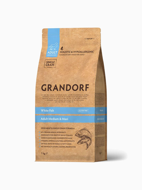 Корм Grandorf White Fish Adult Medium & Maxi для собак средних и крупных пород, белая рыба, 1 кг