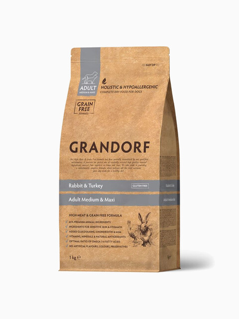 Корм Grandorf Rabbit & Turkey Adult Medium & Maxi для средних и крупных пород, кролик с индейкой, 1 кг