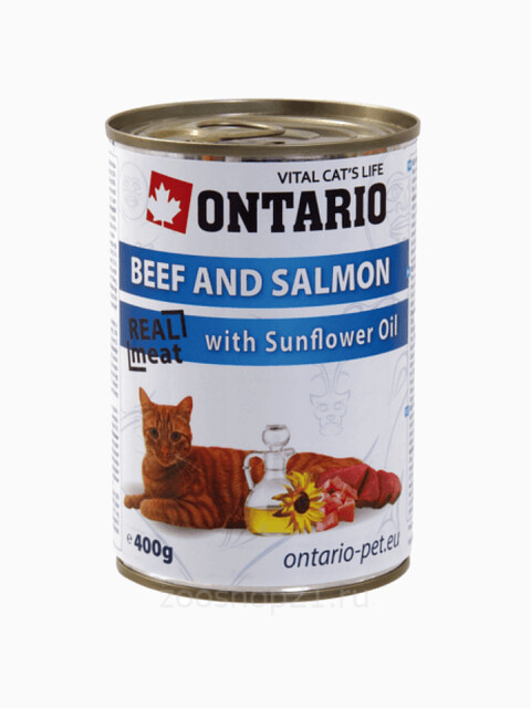 Корм Ontario консервы для кошек: говядина и лосось, ONTARIO konzerva Beef, Salmon,Sunflower Oil, 400 г