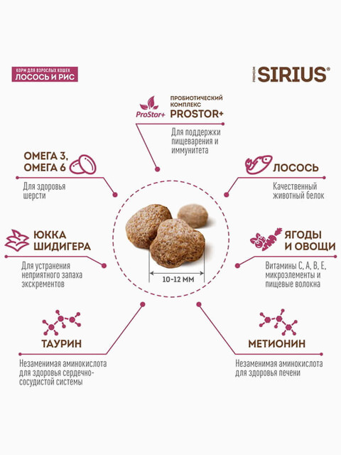 Корм SIRIUS для взрослых кошек, лосось и рис, 1,5 кг