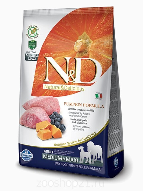 Корм Farmina N&D Pumpkin Lamb & Blueberry Adult Medium/Maxi беззерновой для собак средних и крупных пород ягненок с черникой и тыквой, 12 кг