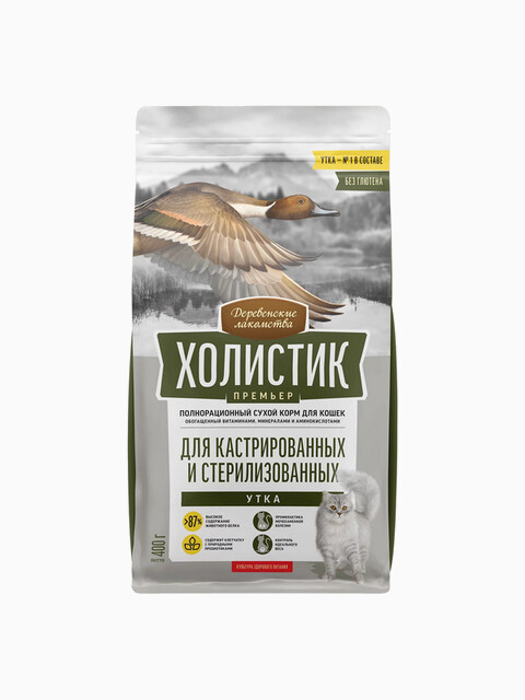 Корм Деревенские лакомства Холистик Премьер для кастрированных и стерилизованных кошек, утка, 400 г