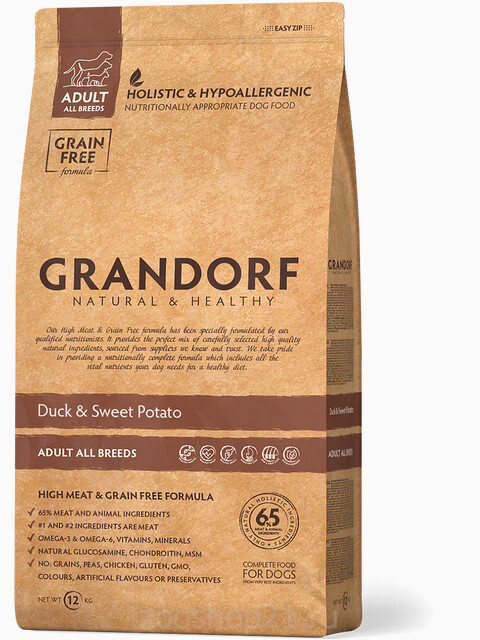 Корм GRANDORF Утка с картофелем для взрослых собак всех пород, 12 кг