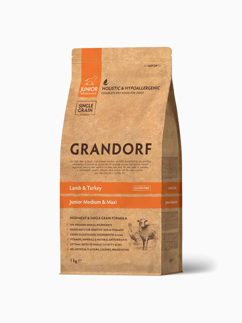 Корм Grandorf Junior Medium & Maxi Lamb & Turkey для юниров средних и крупных пород, ягненок с индейкой, 1 кг