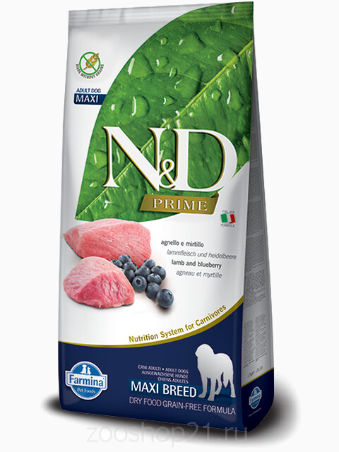 Корм Farmina N&D Lamb & Blueberry Adult Maxi беззерновой для взрослых собак крупных пород ягненок с черникой, 12 кг