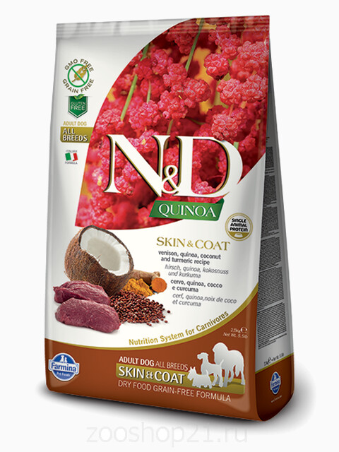Корм Farmina N&D Quinoa Skin & Coat Venison беззерновой для собак для кожи и шерсти киноа и оленина, 800 г