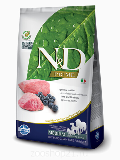 Корм Farmina N&D Lamb & Blueberry Adult беззерновой для взрослых собак всех пород ягненок с черникой, 12 кг