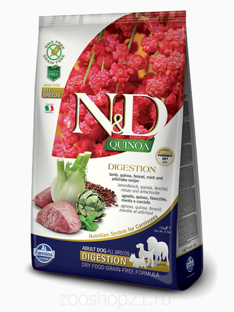 Корм Farmina N&D Quinoa Digestion Lamb беззерновой для собак с чувствительным пищеварением киноа и ягненок, 2.5 кг