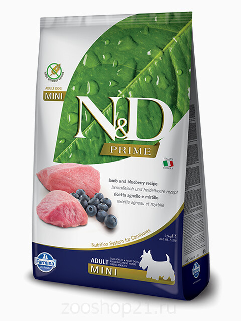 Корм Farmina N&D Lamb & Blueberry Adult Mini беззерновой для взрослых собак мелких пород ягненок с черникой, 2.5 кг