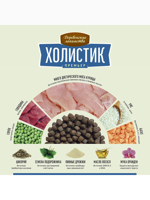 Корм Деревенские лакомства Холистик Премьер для щенков, курица с рисом, 1 кг