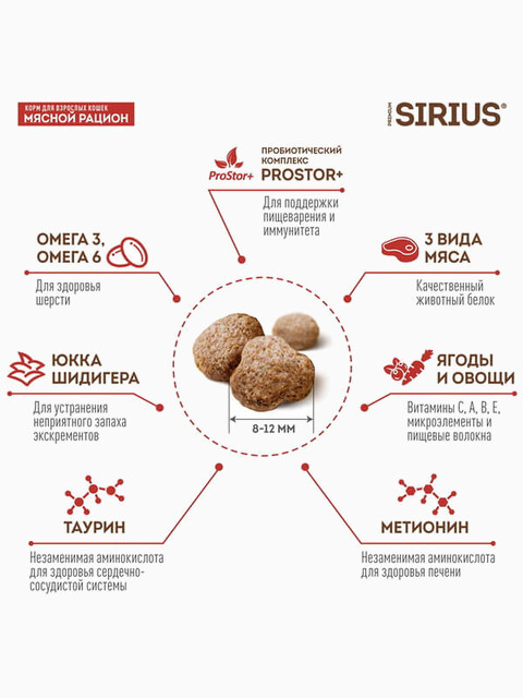 Корм SIRIUS для взрослых кошек мясной рацион, 400 г