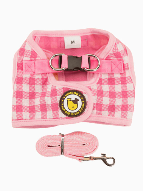 Комплект шлейка и поводок в клетку, размер XL (обхват груди 54 см) розовый