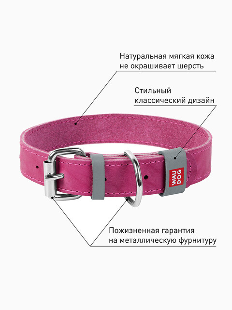 COLLAR ошейник Waudog Classic кожа, металлическая пряжка (шир. 20мм, дл. 30-39см) розовый
