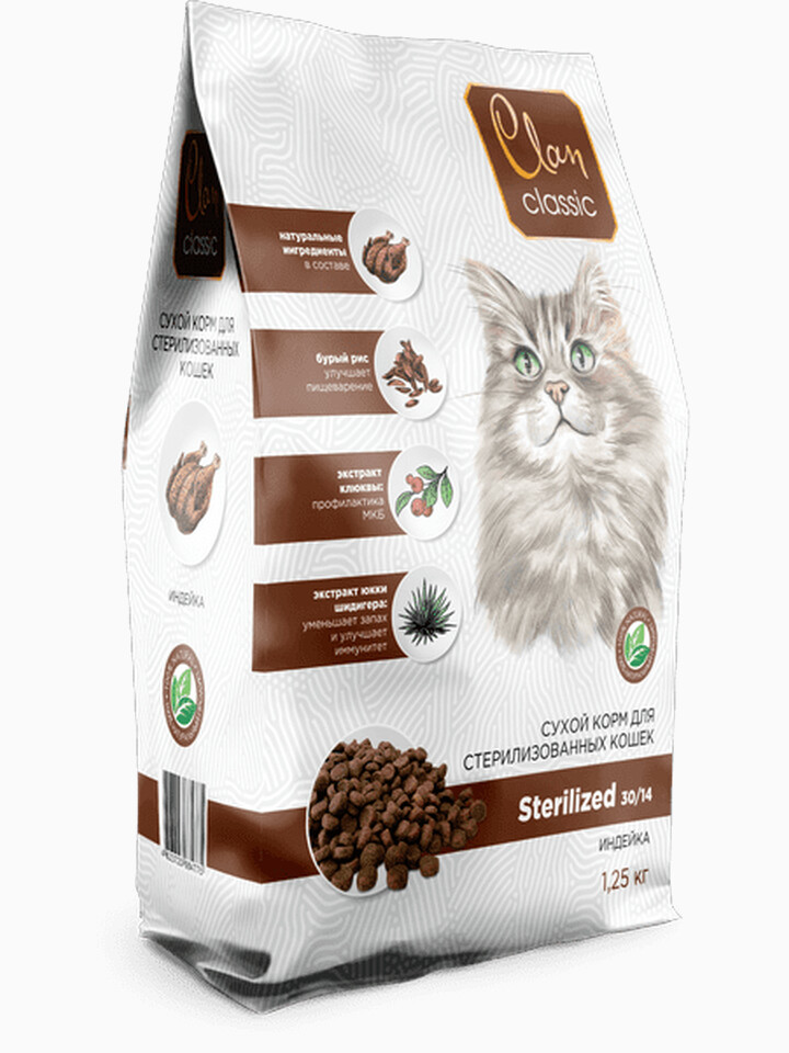 Корм Clan Classic Sterilized 30/14 для стерилизованных кошек, с индейкой, 1.25 кг