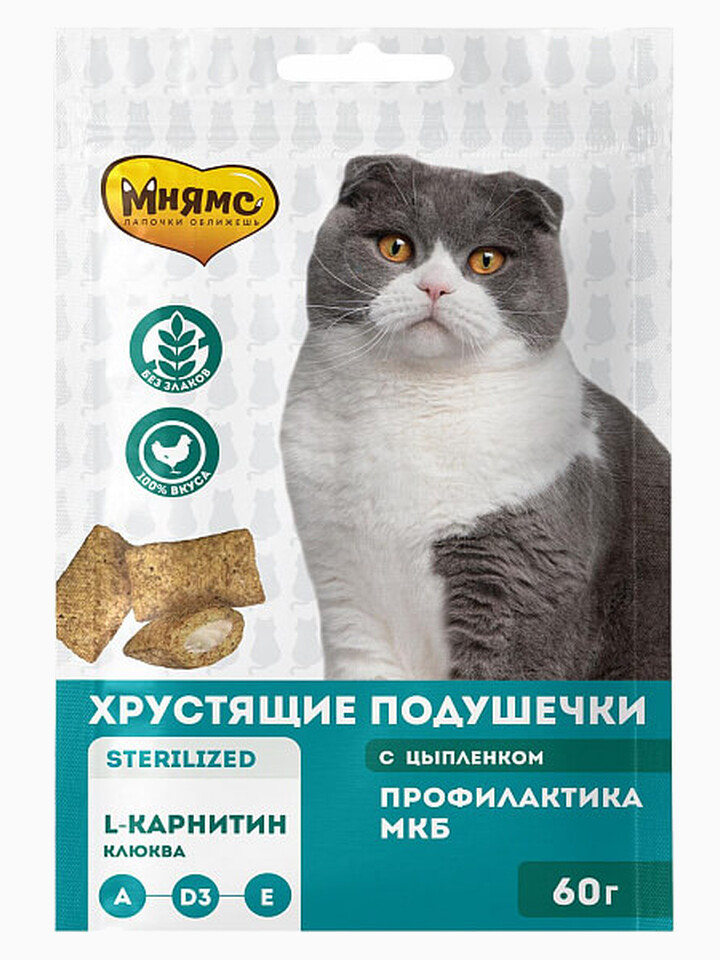 Мнямс лакомство хрустящие подушечки для стерилизованных кошек с цыпленком и клюквой "Профилактика МКБ"