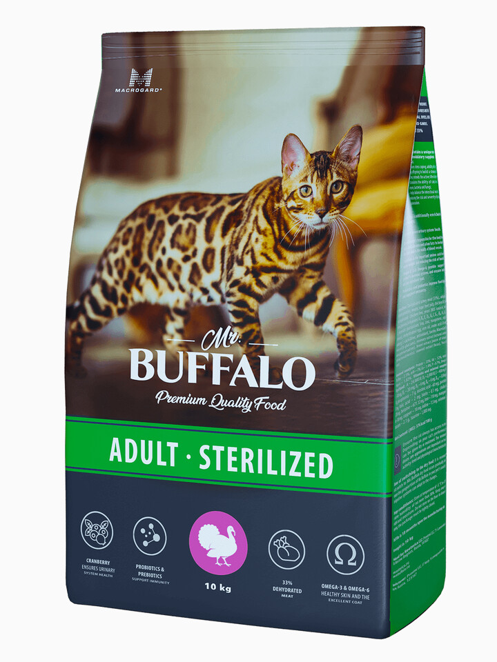 Корм MR.BUFFALO ADULT STERILIZED для взрослых кастрированных котов и стерилизованных кошек с индейкой, 10 кг