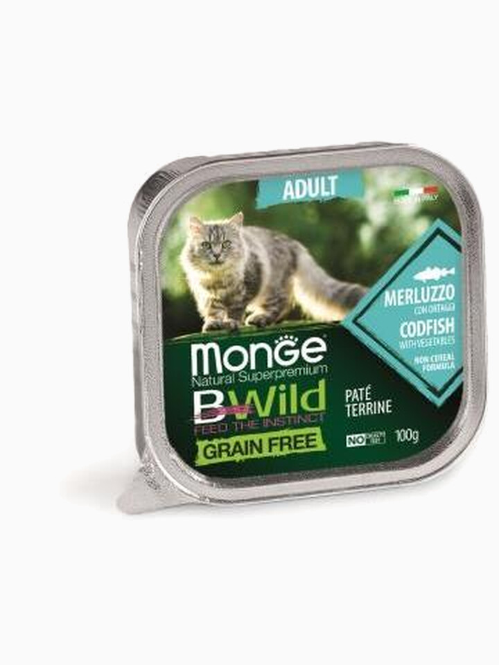 Корм Monge Cat BWild GRAIN FREE беззерновые консервы из трески с овощами для взрослых кошек, 100 г