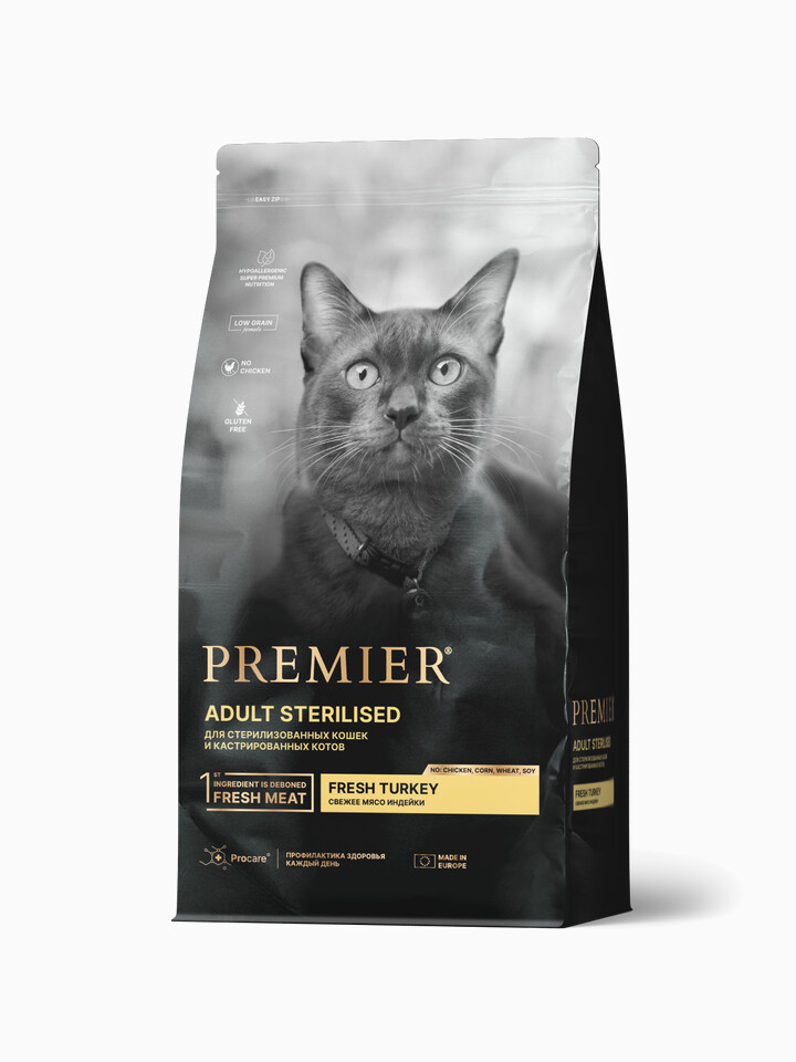 Корм Premier Sterilised Low Grain Turkey (низкозерновой) для стерилизованных кошек, с индейкой, 400 г