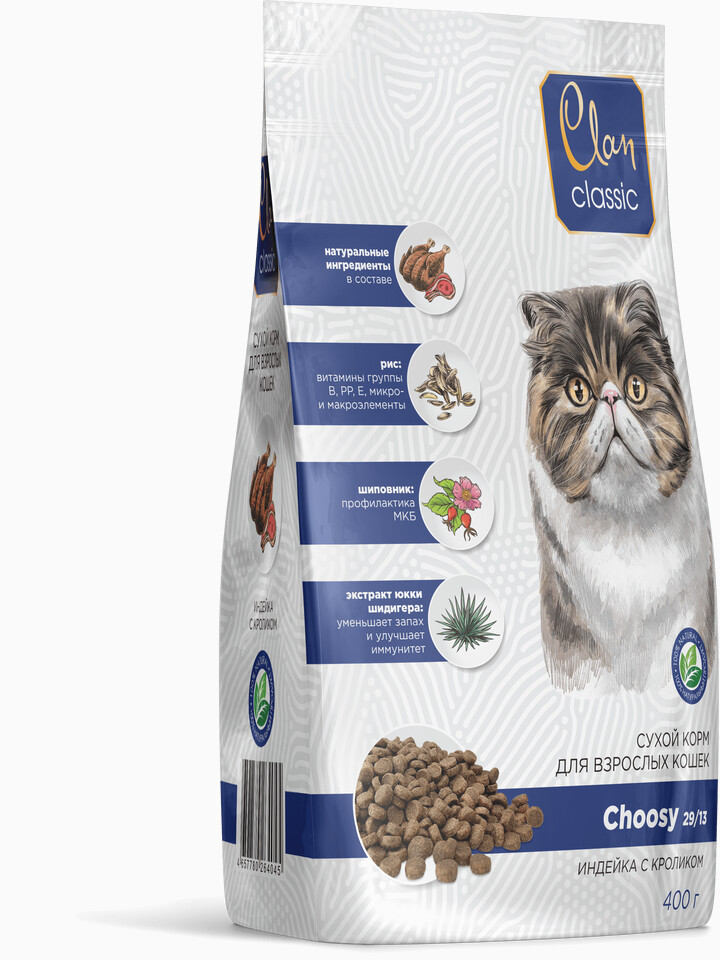Корм Clan Classic Choosy 29/13 для кошек, индейка и кролик, 400 г
