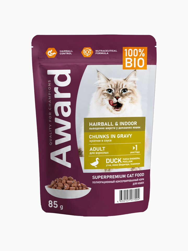Award Hairball&Indoor для выведения шерсти, кусочки в соусе с уткой, 85г