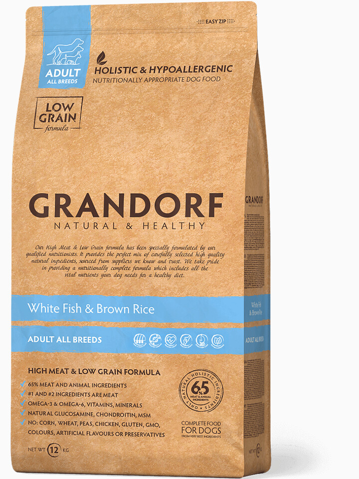 Корм Grandorf Adult All Breeds для собак всех пород (низкое содержание зерна) белая рыба с рисом, 1 кг