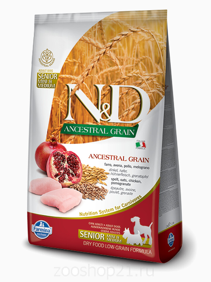 Корм Farmina N&D (Low Grain) Chicken & Pomegranate Senior Mini для пожилых собак средних и мелких пород с низким содержанием зерна курица с гранатом, 800 г