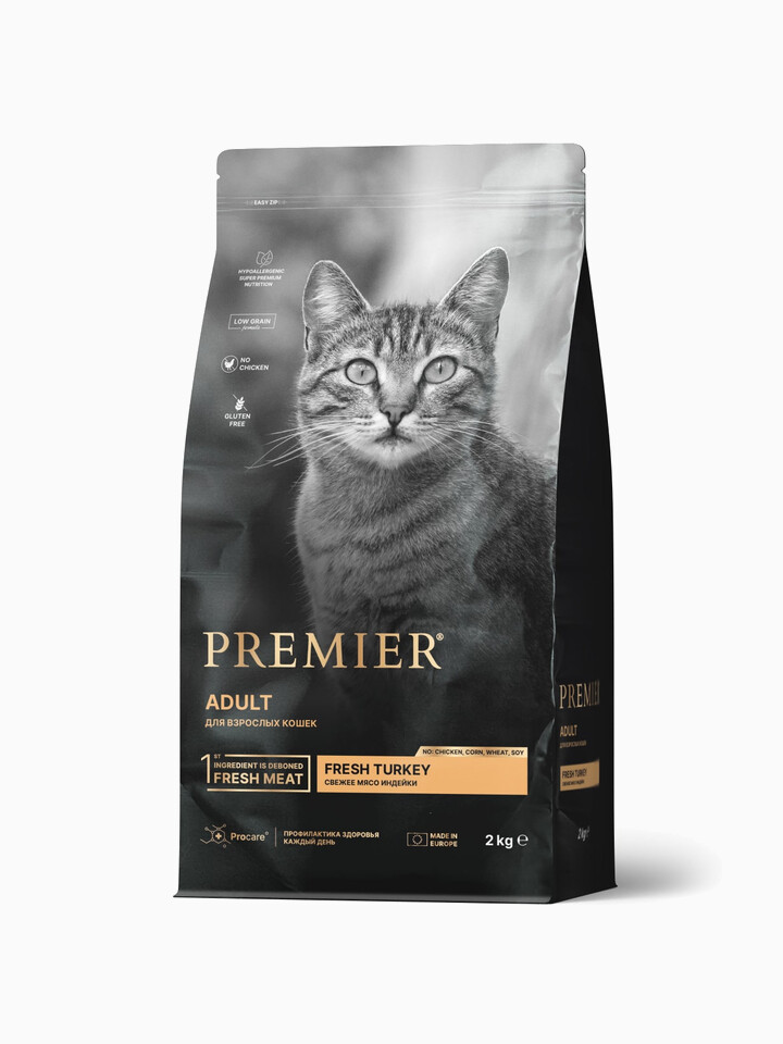 Корм Premier Adult Low Grain Turkey (низкозерновой) для кошек, с индейкой, 2 кг